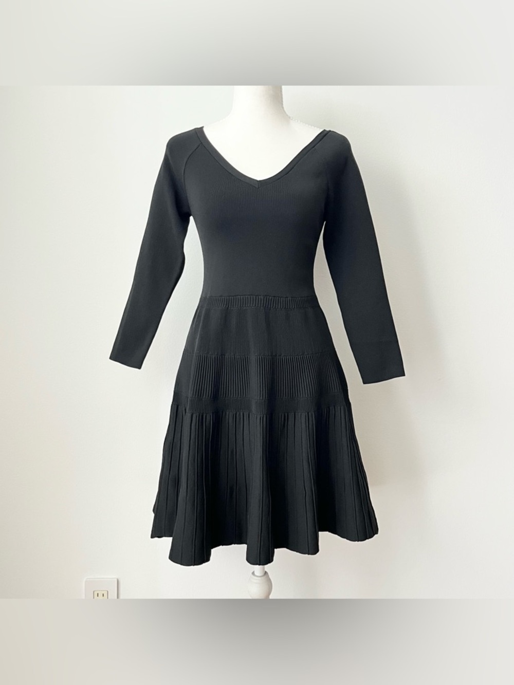 Scoop Little Black Knit Fit & Flare Dress LBD XS Ribbed Faux Pleats Elegant Chic